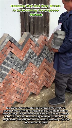 Stacking Red And Grey Bricks In Interlocking Herringbone Pattern