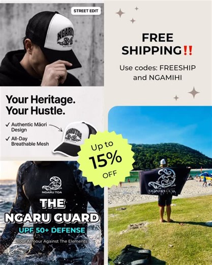 Ngaru Toa Aotearoa on Instagram: "Unlock FREESHIP + NGAMIHI. One week only‼️ 🎄 Ngaru Toa Xmas Sale — One Week Only! 🎄 Celebrate the season with 15% OFF sitewide + FREE shipping on orders over $40. Enter codes FREESHIP + NGĀMIHI at checkout to unlock the deal. 🔥 Hurry — one week only. Build your wardrobe, bundle your vibe, and carry Aotearoa’s energy into 2026. #maorisurfwear #maoriclothing #newzealandsurfwear"