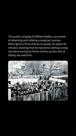 Horrors on Instagram: "DeBoe’s execution drew a massive crowd, many of them locals who had followed his case closely after three women — including a pregnant victim — testified that he had attacked and robbed them. Despite the weight of the evidence, he climbed the gallows insisting he was innocent, launching into a long, angry speech in which he called his victims liars and claimed he was being framed. Reporters noted that even as the noose was placed around his neck, he showed no remorse and n