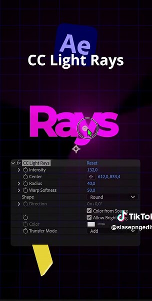 CC Light Rays in After Effect. #adobe #aftereffects #motiongraphics #effect #preset #animation #tutorial #education #videoediting #lightrays