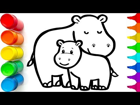 How to Draw and Color Hippo Mom and Baby 🦛 Easy Step by Step