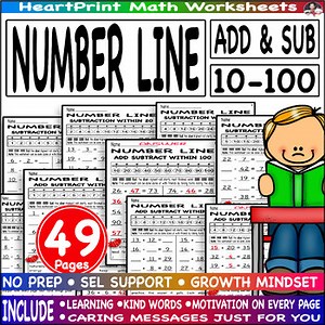 Mixed addition & subtraction 10, 20, 30, 40, 50, 100 with number line worksheets