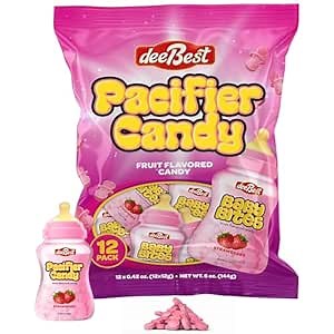 Candy Pacifier Strawberry Fruity Pink Bites 12 Individually Wrapped Bottle Shaped Pouches - Great for Girl Themed Baby Shower, Birthday, and Gender Reveal - Kosher Candy- It's a Girl