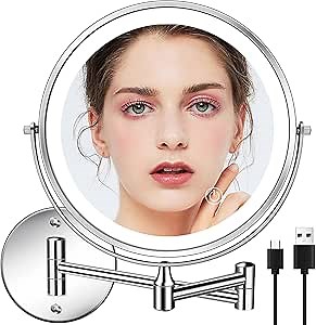 Rechargeable Lighted Wall Mounted Makeup Mirror, 8" Double-Sided 1X/10X Magnifying Bathroom Mirror with 3 Color Lighting, Touch Screen Dimmable 360°Swivel 13 Inch Extendable Chrome Vanity Mirror