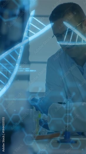 Vertical video: Lab tech checking tubes, pipetting while DNA helix and code overlaying for research