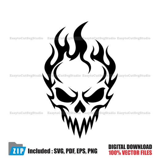 Flaming Skull SVG: Fire Skull Vector Tattoo Cricut PNG Printable Design (Digital Download)