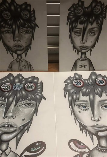 the smaller drawings are original graphite pencil on paper 🌀 the larger pieces are prints that i drew on top of! which one do you like most? #viral #fyp #smallartistcheck #artistsoftiktok #art