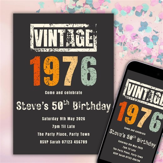 Vintage 50th Birthday Invitation Template, 1976 Birthday Party Invite, Editable Canva Template, Retro Milestone Birthday, Digital Download - Etsy