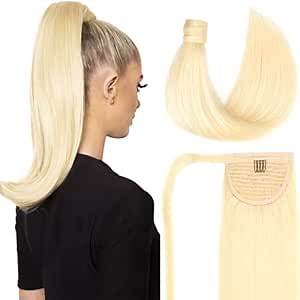 16 inch Ponytail Extension Human Hair 75g #60 Platinum Blonde 100% Remy Human Hair Ponytail Long Straight Wrap Around Ponytail One Piece Hairpiece for Women