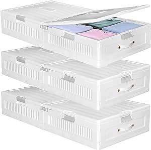 Under Bed Storage Containers Closet Organizer, Dorm Stackable Rolling Storage Drawers with Wheels，Plastic Storage Box with Lid for Clothes, Blankets, Quilt (white, 3 pack)
