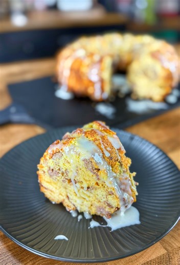 Try this new sweet and savory breakfast casserole! CJ is using sweet cinnamon rolls, savory breakfast sausage, creamy eggs and that American cheese to make this amazing breakfast casserole! 1 tip if you're going to make this, use a silicone bundt pan or a pyrex glasss bakeing dish. What would you add to this casserole? | Cooking with CJ