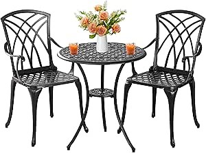 Outdoor 3 Piece Bistro Set Cast Aluminum Bistro Table and Chairs Set of 2, All Weather Bistro Patio Set, Patio Furniture for Garden Black