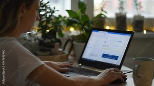 Girl sit down at home office desk table to work remotely, Female business woman scroll web page on using laptop notebook typing keyboard working online. technology distant concept, close up, in winter