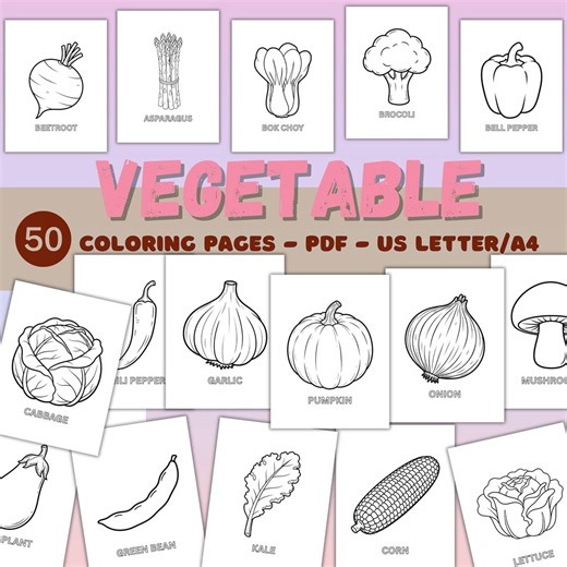 Vegetable Coloring Pages for Kids, 50 Food Coloring Sheets, Preschool Learning Printable, Garden Veggies Coloring Book PDF US Letter A4 - Etsy