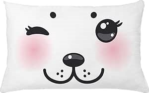 Lunarable Kawaii Throw Pillow Cushion Cover, Japanese Anime Dog Face with Giant Eyes and Pink Cheeks Doodle Character, Decorative Rectangle Accent Pillow Case, 26" X 16", Pale Pink Black White