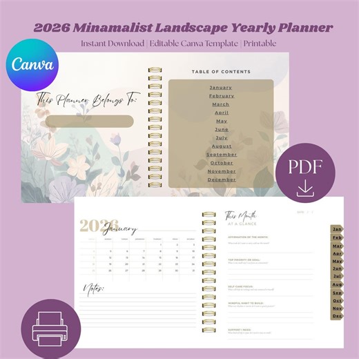 Editable Landscape Yearly Planner | Canva Template, Printable PDF - Etsy UK