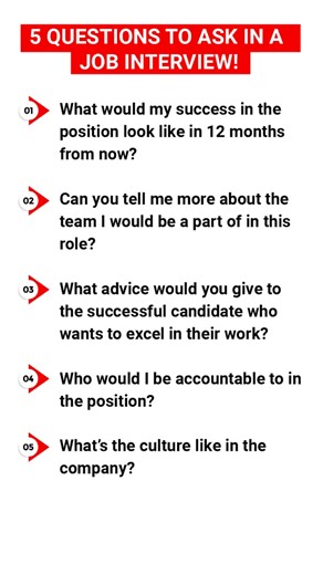 5 QUESTIONS TO ASK IN A JOB INTERVIEW! Ask any of these 5 questions at the end of your interview to impress the hiring manager! #interviewquestions #interviewskills #interviewtips #intervie #107 | Career Vidz