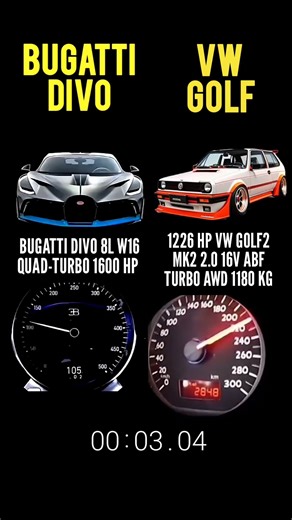 1226 hp Vw golf2 mk2 2.0 16v abf turbo awd 1180 kg vs Bugatti divo 8l w16 quad-turbo 1600 hp