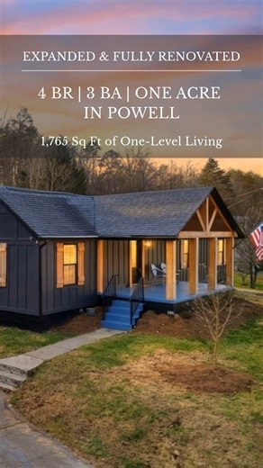 Ferguson Realtors | Knoxville Real Estate on Instagram: "Welcome home to this fully remodeled 4 bedroom, 3 bath home on a level one acre lot in the Powell community. Enjoy 1,765 square feet of easy one level living. The open layout features cathedral ceilings and a cozy stone fireplace. All flooring, windows, and lighting are brand new. The kitchen is bright and modern with quartz countertops and new appliances. The primary suite feels like a private retreat with a soaking tub, tiled shower, and