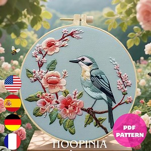 Blue Bird Embroidery Pattern | Floral Branch Hoop Art (PDF) - Etsy