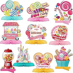 Marspark 10 Pieces Candyland Party Decorations Lollipop Table Centerpieces Sweet Candy Honeycomb Centerpieces Decor for Birthday Baby Shower Halloween Spooky Candy Trick-or-Treat Cupcake Party