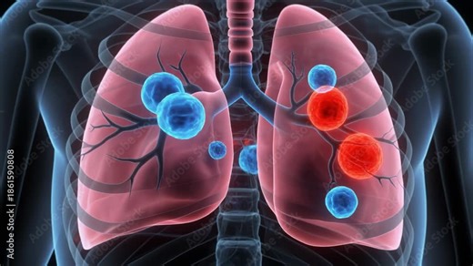 Animation of oxygen exchange in alveoli, illustrating blue and red spheres representing gas molecules within lungs.