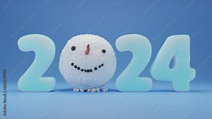 Winter 3d animation of the New Year's date 2024. The snowman's head falls on the blue surface and the numbers of the date 2024 are inflated next to it. The idea of winter Christmas holidays.