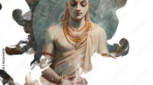 This 4k animation video captures the essence of Mahavira, a revered Jain guru, with intricate ink drop techniques that depict his peaceful presence and spiritual wisdom.