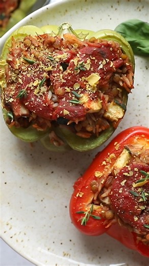 Most stuffed bell pepper recipes have meat in them so I wanted to create a vegetarian version that’s still filling and JUST as tasty! Seriously love how this recipe turned out and I kind of want to eat them on a DAILY basis. Ingredients 3 bell peppers cut in half (any color) 1 tablespoon of olive oil 1 medium zucchini chopped into bite small sized pieces ¾ cup of cooked lentils can sub for tofu or tempeh as well* 1 cup of cooked rice white or brown 8 oz mushrooms roughly chopped 1 small sweet on