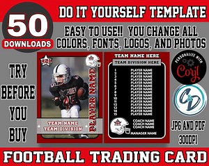 Customizable Football Card Template - Editable Sports Card Design, Corjl Editable Football Card Template, Custom Football Trading Card - Etsy