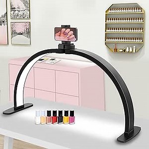 Nail Half Moon Light: Big LED Arch Nail Tech Table Lamp with Phone Holder - Salon Professional Desk Light 3 Mode Lighting Manicure Technician Use