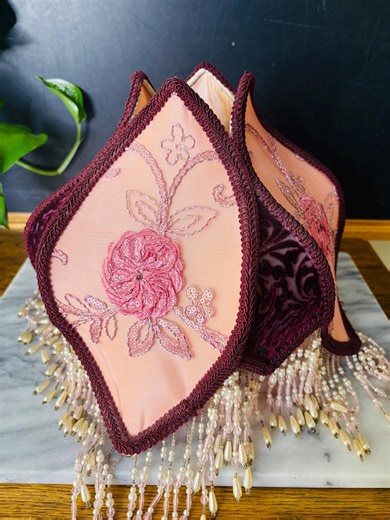 Victorian Beaded Lampshade Pink Rose Embroidered Velvet Fringe Lamp Shade Vintage Style Lighting Decor - Etsy