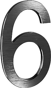 6 Inch Modern House Numbers- Premium Aluminum Floating Home Address Number with Elegant & Sophisticated Brushed Finish, Black, Number 6
