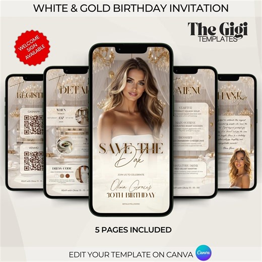 VIP White & Gold Birthday Party Invitation, Hollywood Birthday Dinner Evite, Luxury Chandelier Lounge Animated Ecard, Canva Template - Etsy