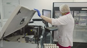 Technician sets up the blood analysis machine in the clinic. Technician uses the machine to analyse the human blood. Technician performs blood test analysis with automated machine.