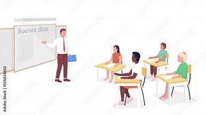 Animated Spanish language lesson. Studying characters. School class. Full body flat people on white background with alpha channel transparency. Colorful cartoon style HD video footage for animation