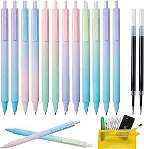 Retractable Gel Pens 12 Pack Black Ink Pastel Pens 0.5mm Fine Point Tip Cute Pens with Smooth Writing,Comfort Grip,No Bleed Gel Pens for Journaling,Writing,Note-taking Includes Refills and Pen Bag