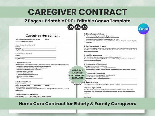 Editable Caregiver Contract, Printable Home Care Agreement, PDF   Canva Template, Elder Care & Senior Care Form, Caregiving Services, A4, A5 - Etsy