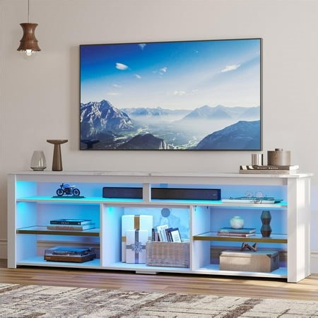 Bestier 70" TV Stand for 75" TV with LED Light Modern Tall Entertainment Center with Shelves for PS5, White Marble - Walmart.ca