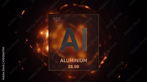 Aluminium as Element 13 of the Periodic Table. Seamlessly looping 3D animation on orange illuminated atom design background with orbiting electrons. Design shows name, atomic weight and element number