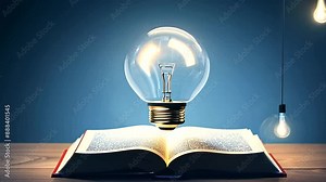 Light Bulb Hovering over an Open Book. Education and Knowledge Concept, Creative Thinking, Innovation, Mind Intelligence