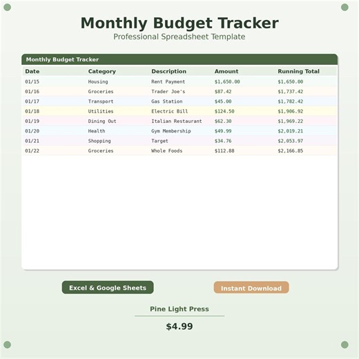 Monthly Budget Tracker Spreadsheet Excel, Google Sheets, Finance Planner Template (expense Tracker, Personal Budget Digital) - Etsy