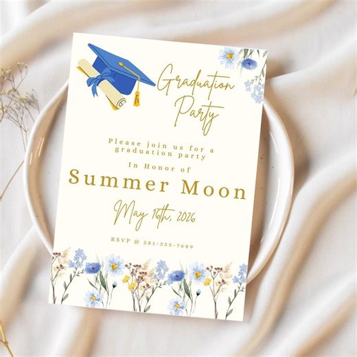 Blue Wildflower Graduation Invitation Template, Printable Floral Grad Party Invite, Editable Canva Graduation Announcement, Class of 2026 - Etsy