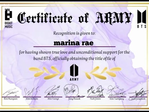 Certificate of army 💜💜💜#fpyシ❥tiktok🖤🌹🔥🔥🙈 #like_comment_share #bantangbuzz🎶🎶 #kpop🥰🥰😍💜💜 #btsxarmy 💯💯 BTS 🖤💚💜💜 BTS 🖤🖤💜