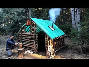 Building a Complete and Warm Survival Shelter - Off Grid Log Cabin