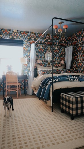 Created a cozy, colorful bedroom for our 12 year old niece 🤍 it’s fun & happy like her! We wanted to make the bed the focal point, so we swapped the wall the bed was on, and made it extra cozy with @thecompanystore @riflepaperco bedding & coordinating wallpaper! The curtains on the canopy bed feels very nostalgic, don’t you think? Classic girls room. We added a desk to use as a vanity and doubles as a nightstand. My sister Mandi said Kendyl was FaceTiming her friends and giving them a tour🤍 ha