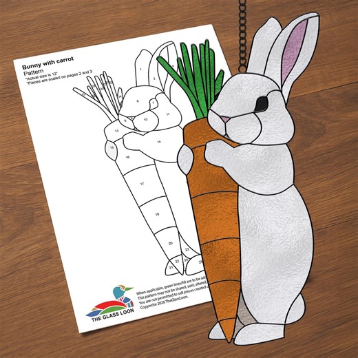 Easter Bunny Stained Glass Pattern, Cute Rabbit with Carrot Suncatcher Design, Spring Window Decor DIY, Digital PDF Pattern for Glass Art