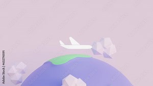 An airplane built on low poly modeling is flying over a rotating Earth