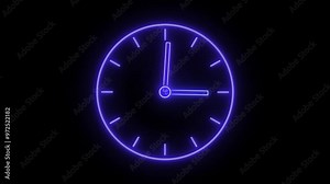 glowing neon blue color clock animation icon wall clock dial watch circle timer animated sign symbol on black background