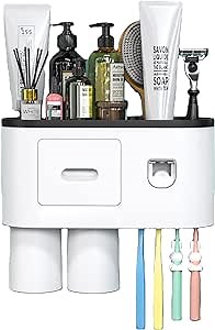 Toothbrush Holders for Bathrooms, Toothpaste Dispenser Tooth Brushing Holder Wall Mounted for Electric, Kids Toothbrush, Multifunctional Bathroom Toothbrush Holder Set (2 Cup, Black)